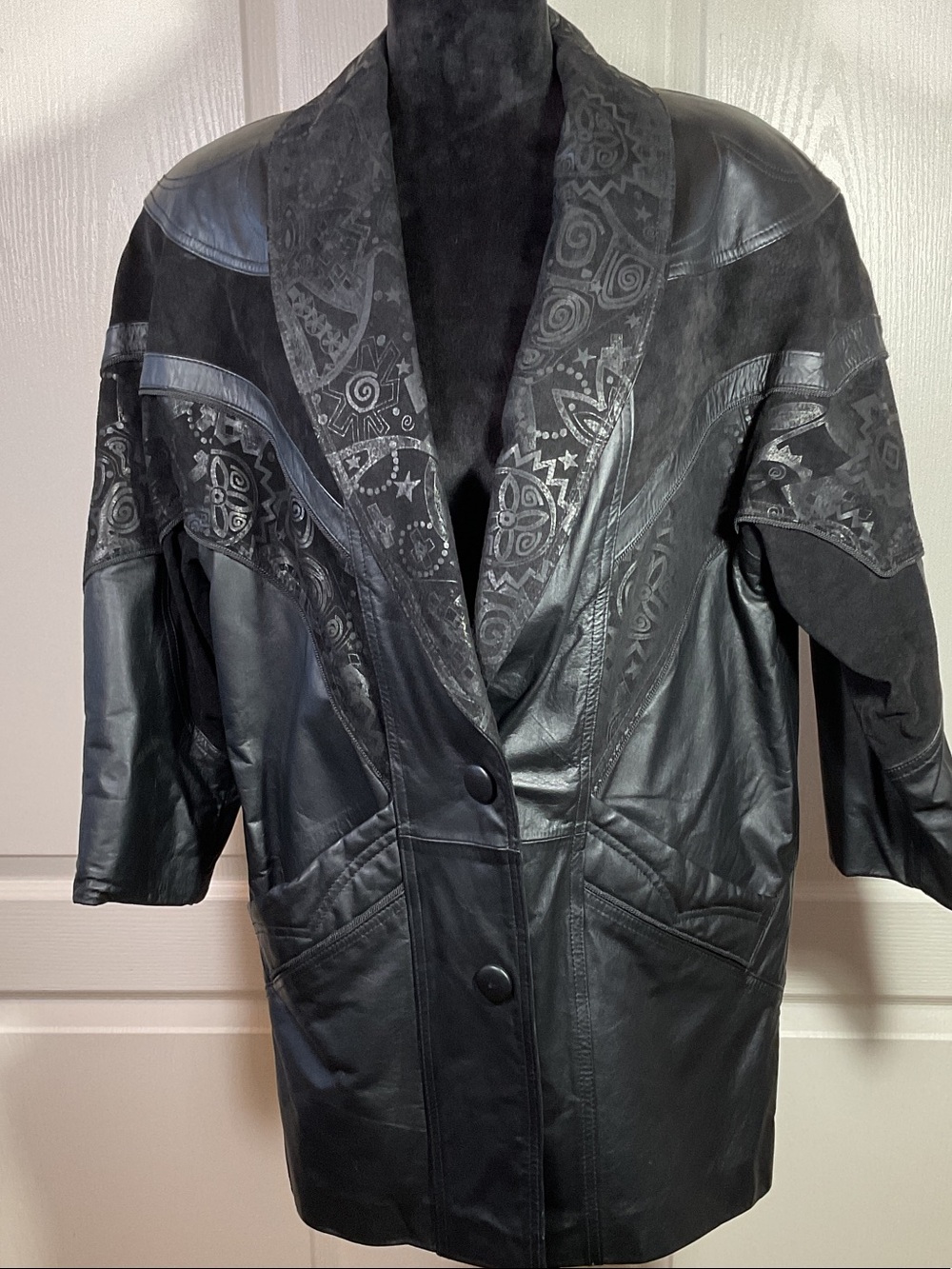 Winlit Women's Black Leather & Suede Jacket with Decorative Embossed Trim